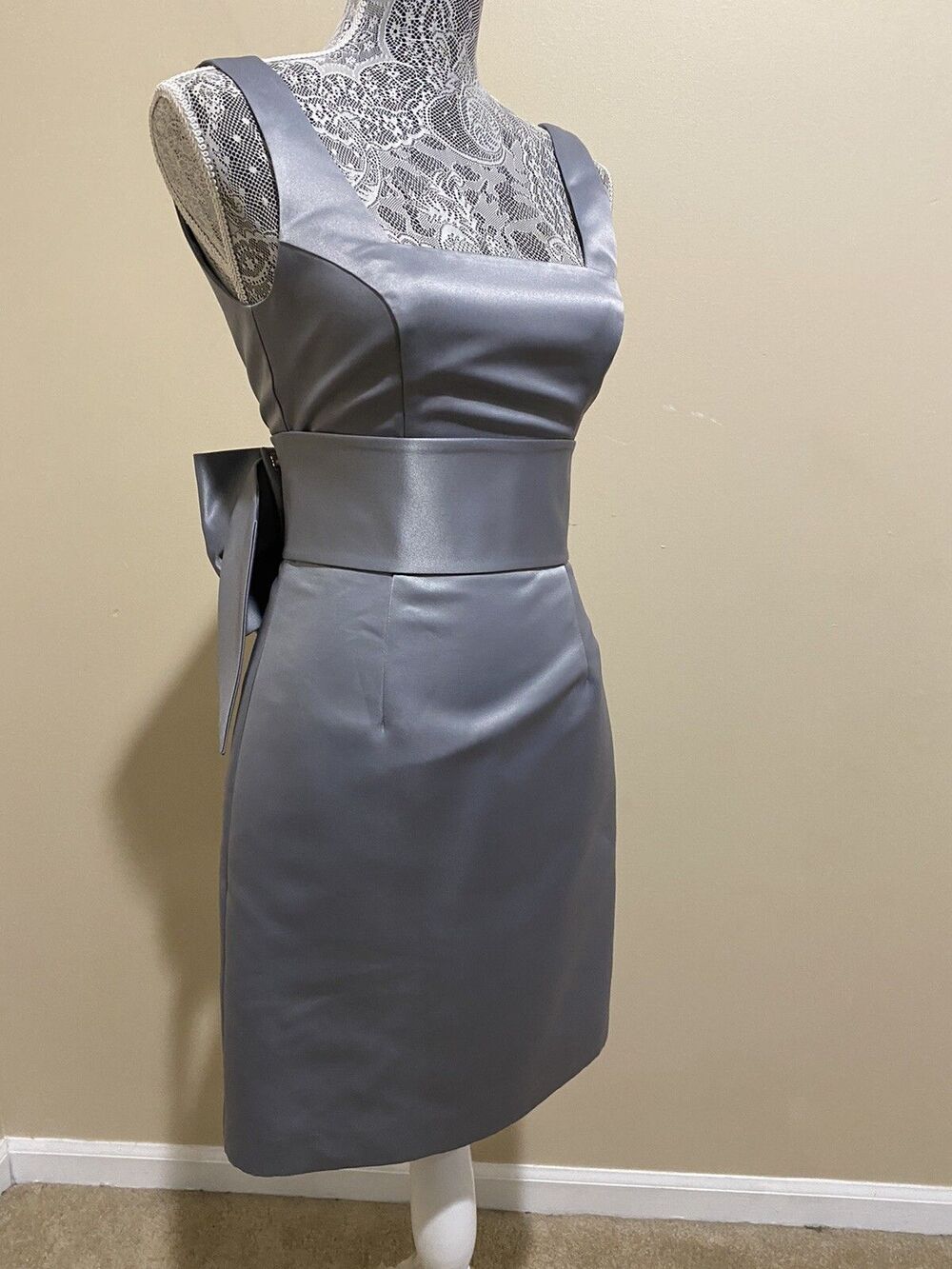 Prive Allen Schwartz Silver Satin Mini Dress Womens 2 Strapless Bow Cocktail